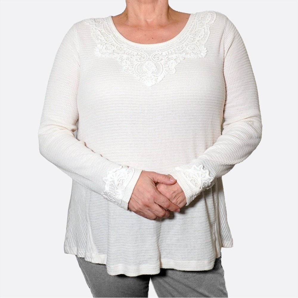 Style & Co Romantic Lace Waffle Knit Cream Tunic 0X L‎ Coquette Shabby Chic